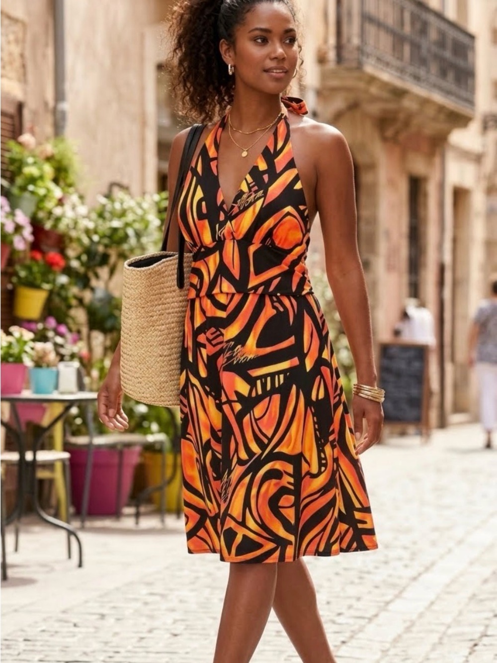 NWT Apple bottoms Y2K Vibrant Black & Orange Halter Maxi Dress size 2X
